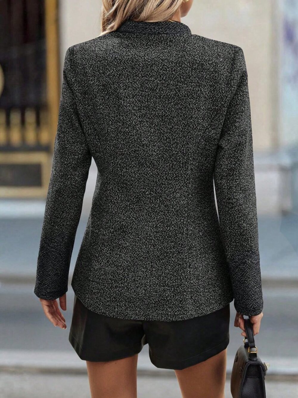 Black Elegant Women's Tweed Blazer - Picture 2 of 8